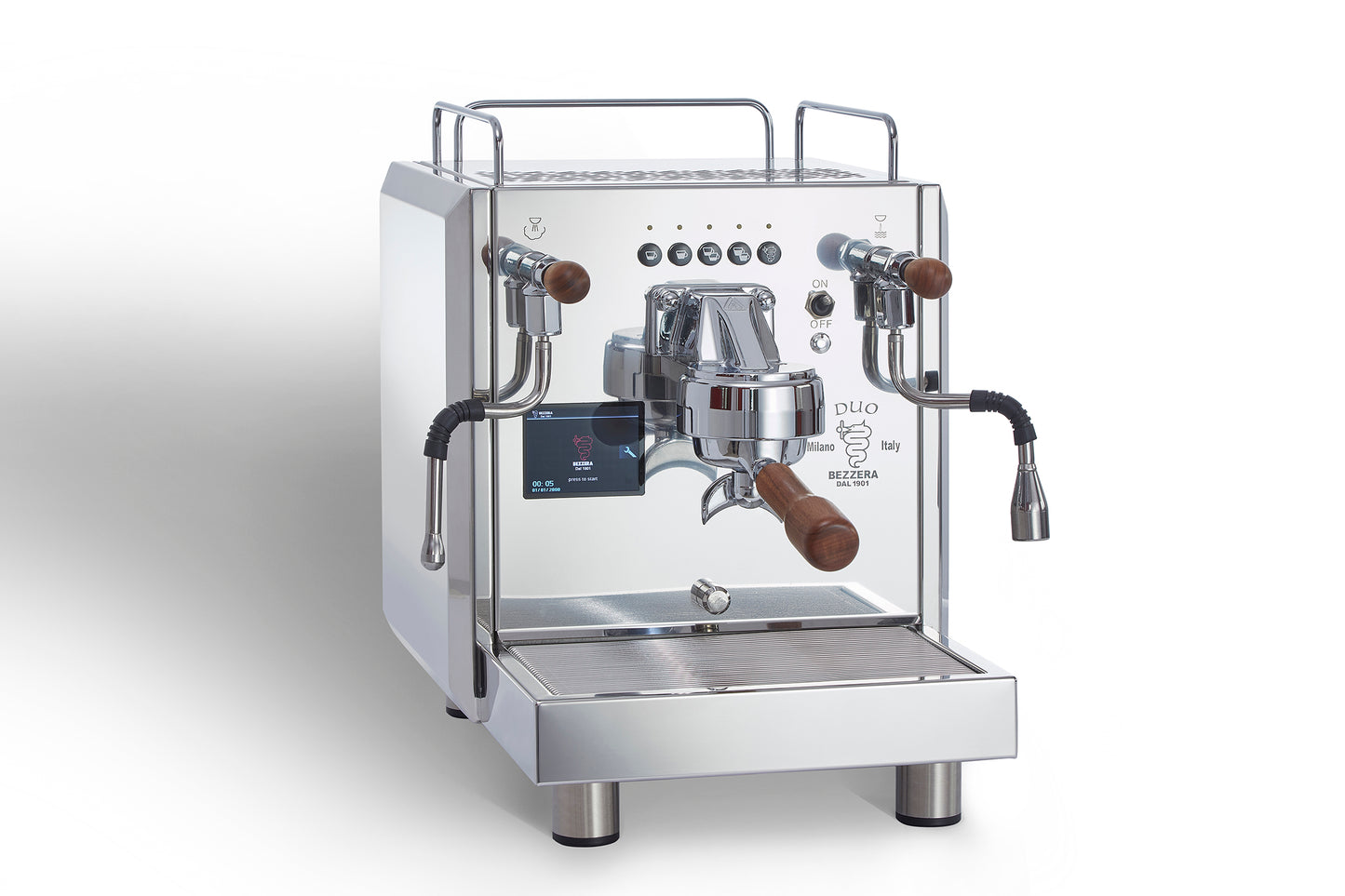 Bezzera DUO DE Espressomaschine in Edelstahl mit Dualboiler, Touch-Display und Shot-Timer.