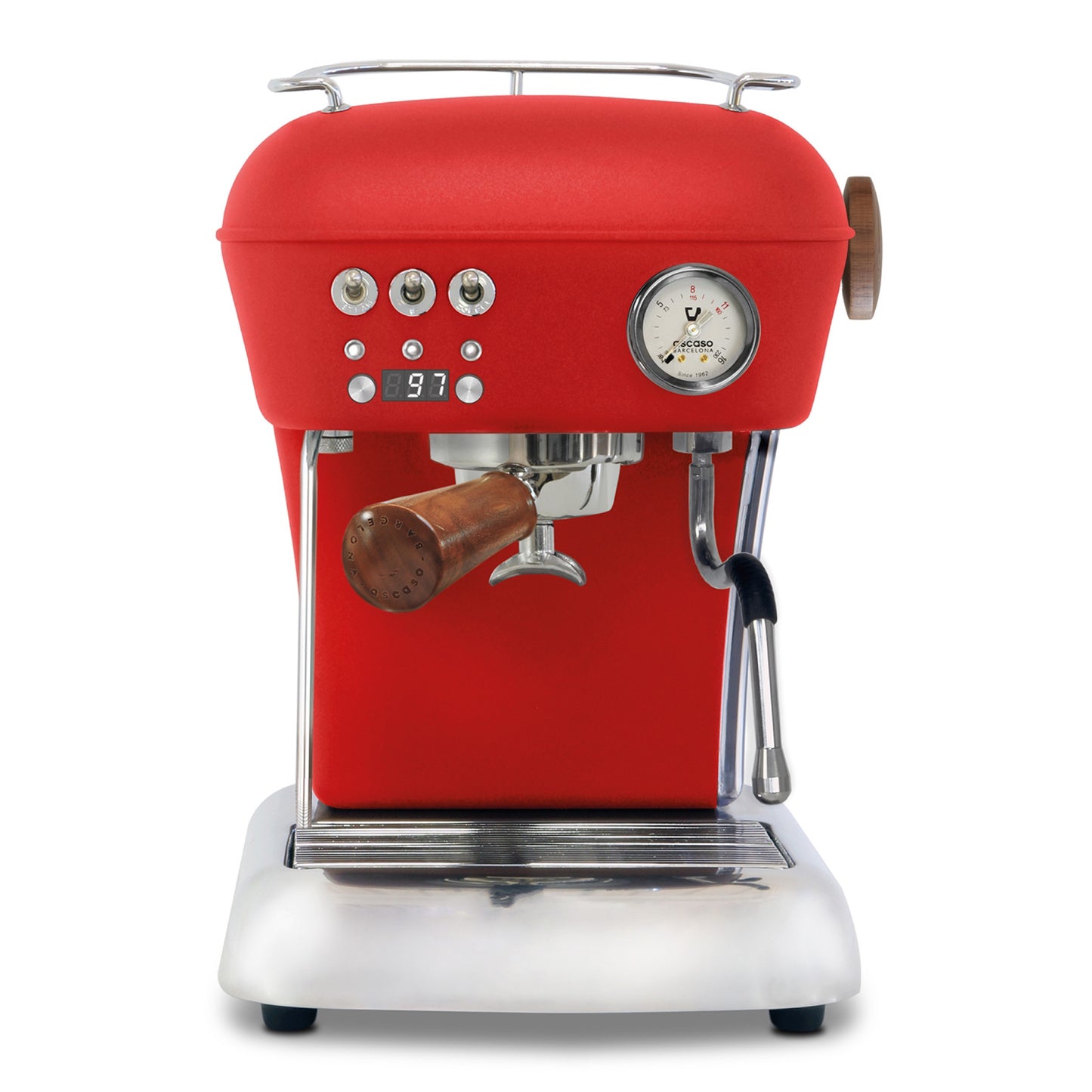 Ascaso Dream PID Espressomaschine in Rot mit Retro-Design, präzisem Manometer und Siebträger aus Messing