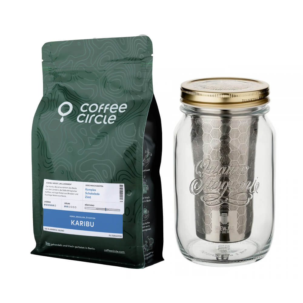 Brewjar & Cold Brew Kaffee Set mit Karibu Kaffee und Brewjar Cold Brew Zubereiter im Set.
