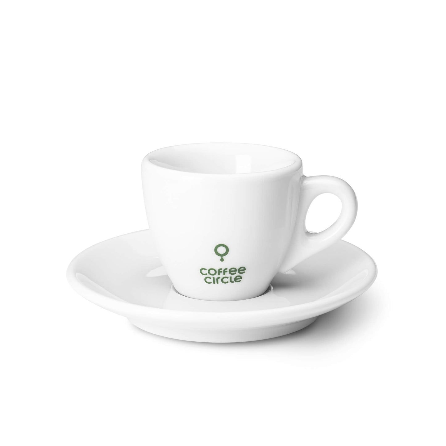 Coffee Circle Espresso Tasse 2021 aus dickwandigem Porzellan mit Logo und passender Untertasse.