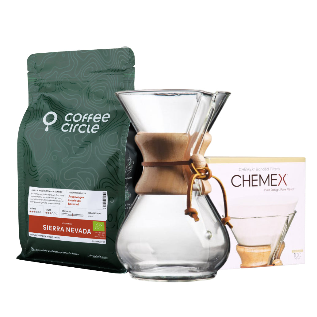 Chemex-Kaffeekaraffe & Kaffee im Set mit Chemexfilter und Sierra Nevada Kaffee ganz frisch