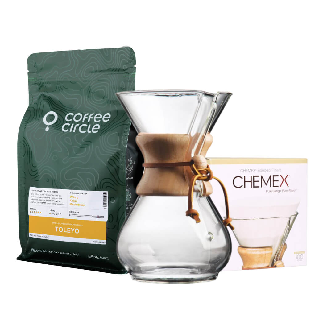 Chemex-Kaffeekaraffe & Kaffee im Set mit 6 Tassen Kanne, Papierfiltern und Filterkaffee von Coffee Circle