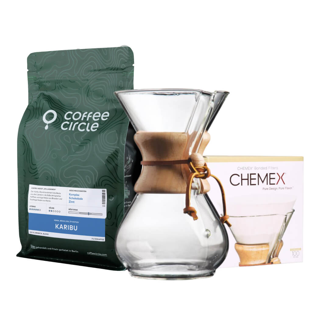 Chemex-Kaffeekaraffe & Kaffee im Set mit 6 Tassen Karaffe, Filter und Kaffee von Coffee Circle