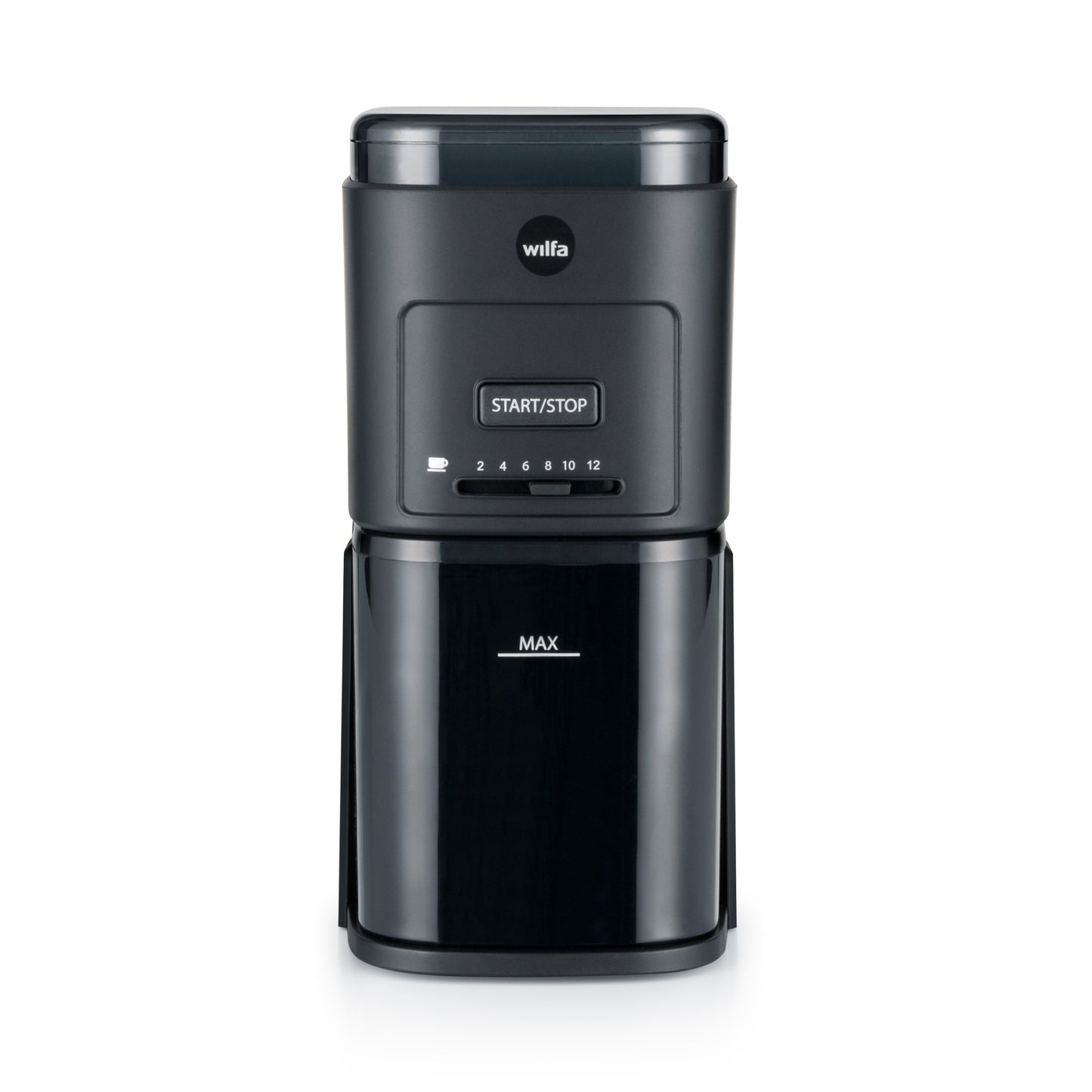 Wilfa DAILY CG2G-260 Kaffeemühle mit 12 Mahleinstellungen und 260g Bohnenbehälter in Schwarz.