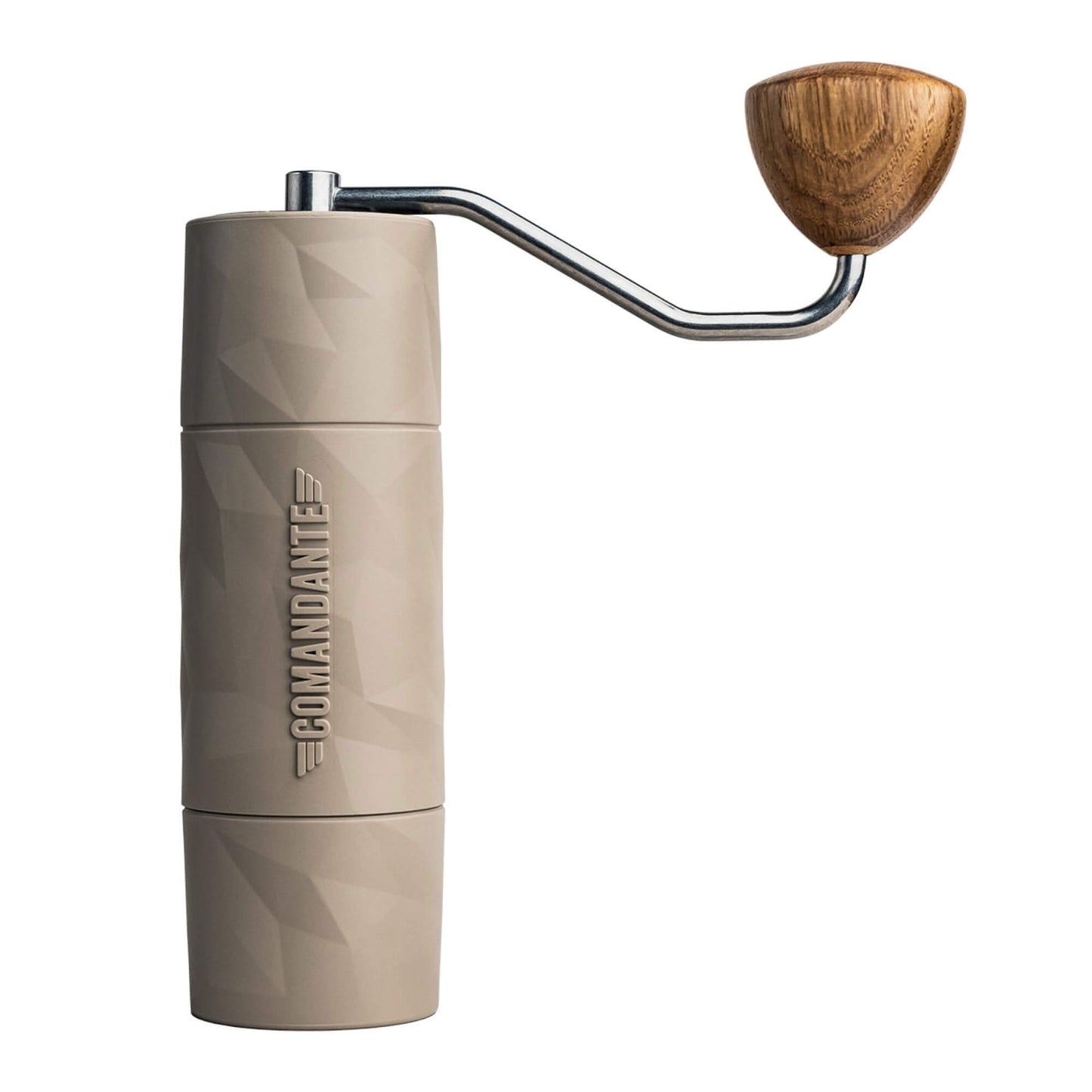 Comandante X25 Trailmaster Kaffeemühle in schlankem, leichtem Design mit Holzgriff und robustem Gehäuse.