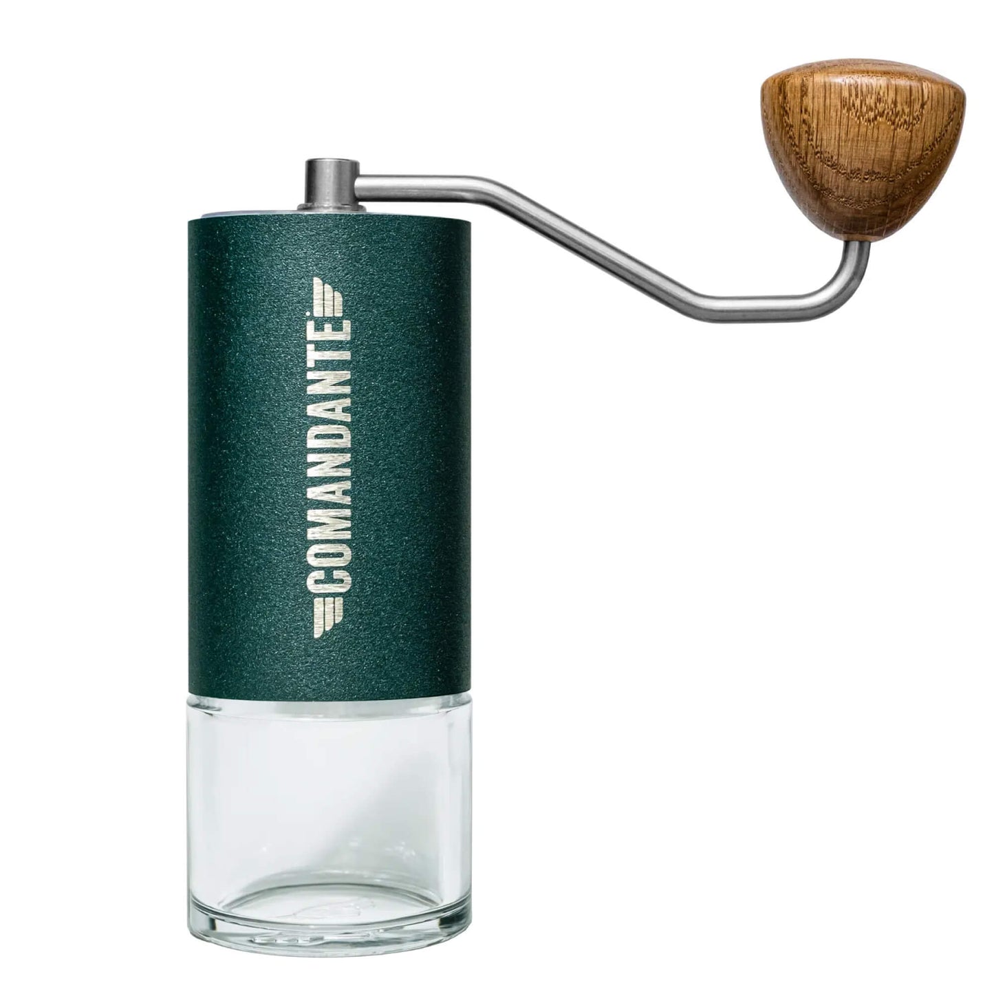 Comandante C40 MK4 Nitro Blade Kaffeemühle in grün mit Holzgriff und Glasbehälter, präzise Handmühle