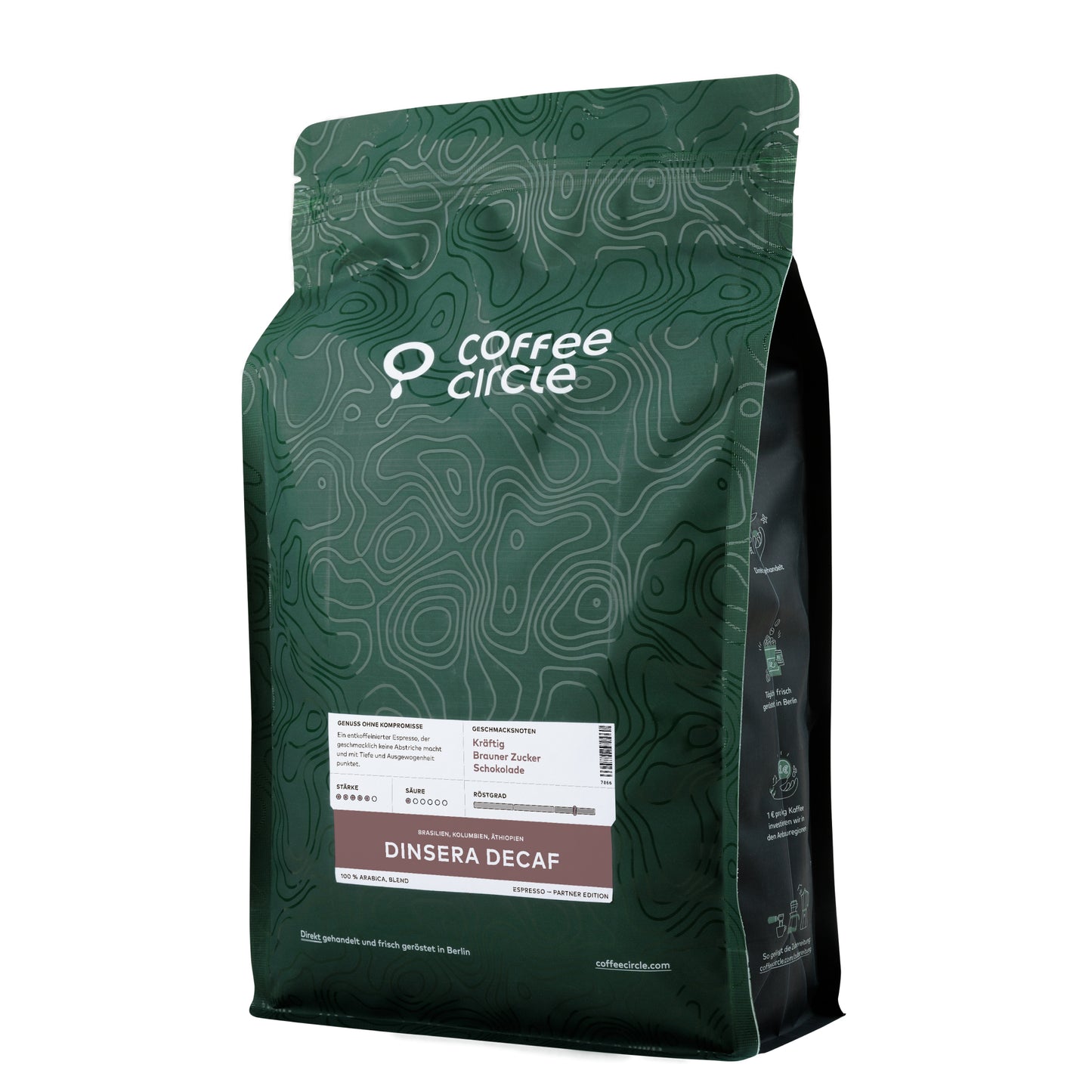 Espresso Dinsera Decaf Kaffeebohnen für Gastronomie von Coffee Circle in stilvoller grünem Verpackung.