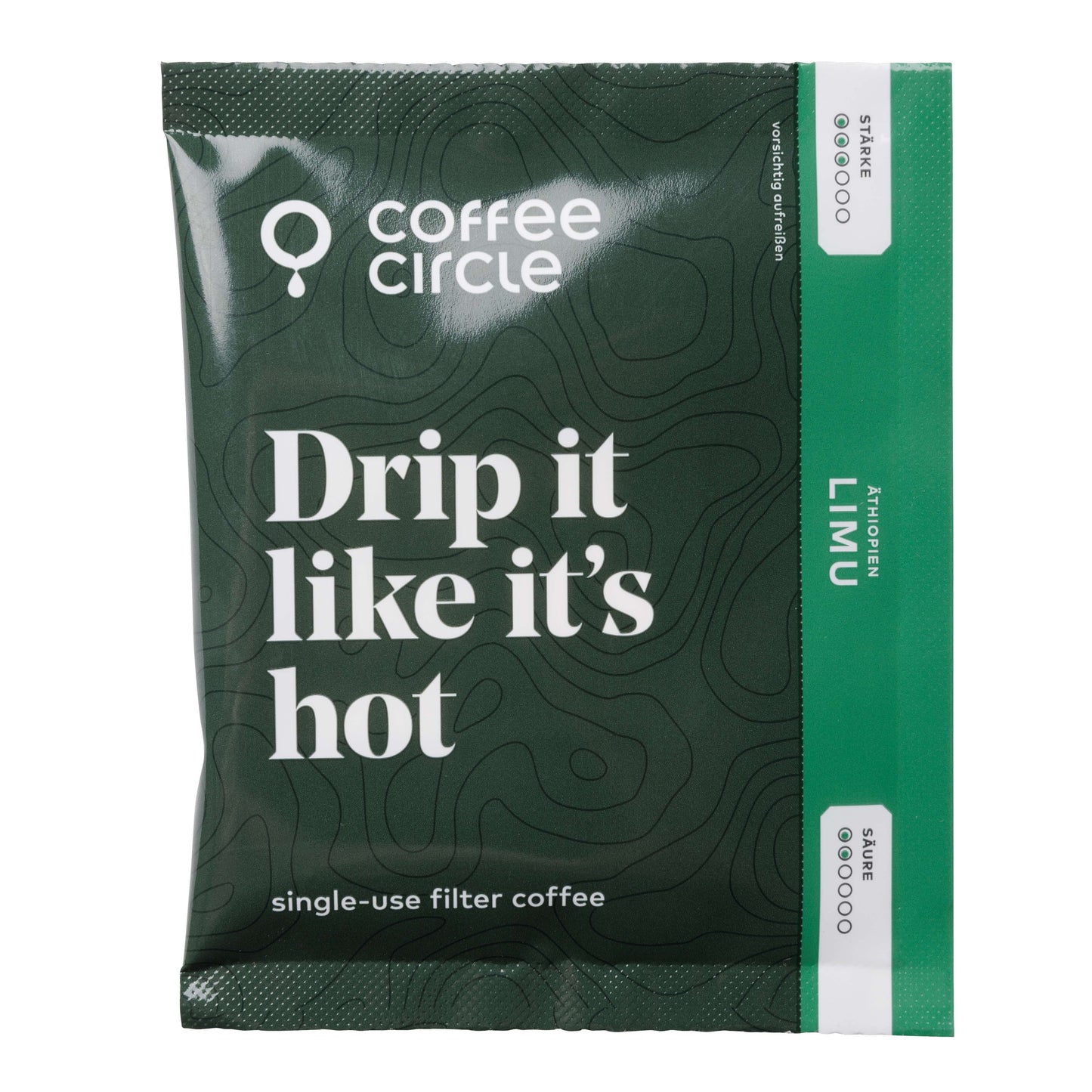Drip Bags Verpackung mit Ethiopian Limu Kaffeepulver für schnellen, einfachen Kaffee unterwegs ohne Schnickschnack.