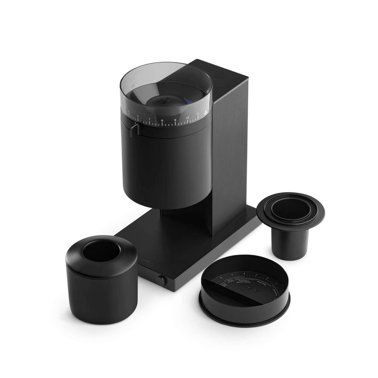 Fellow Opus Kaffeemühle in schwarzem Design mit 41 Mahlgradstufen und magnetischem Auffangbehälter.