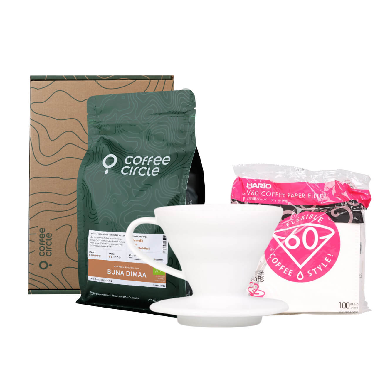 Hario v60 & Kaffee im Geschenkset mit Porzellan Handfilter, Papierfiltern und Kaffeebohnenpackung