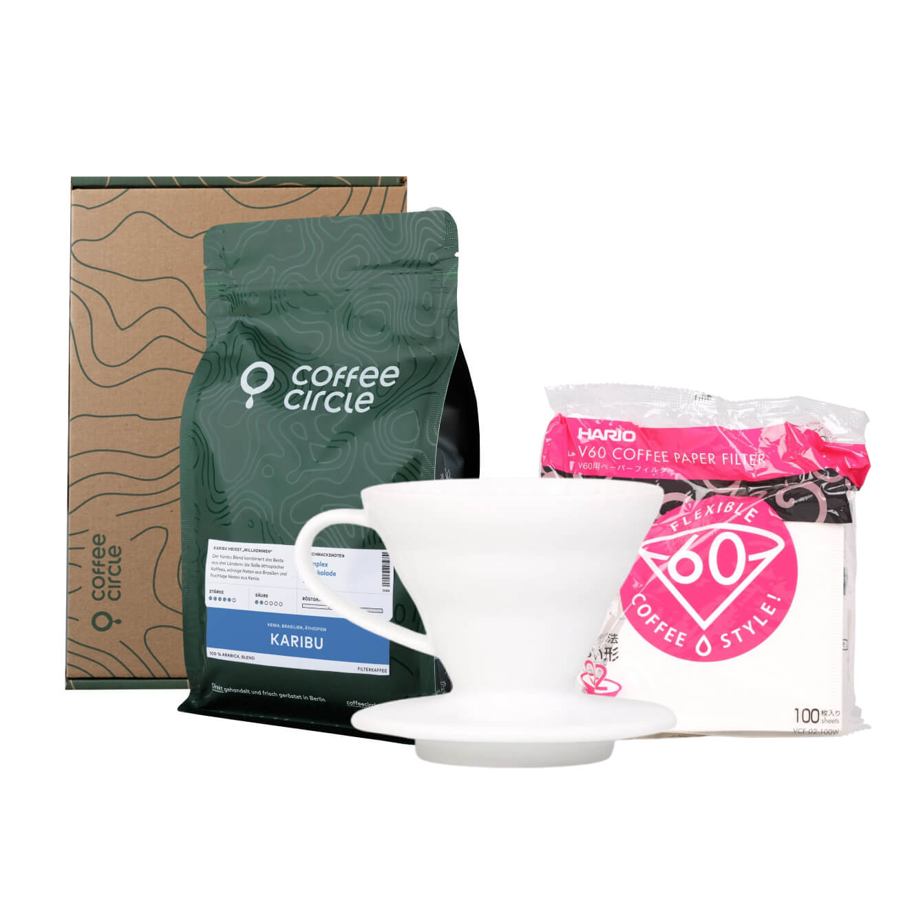 Hario v60 & Kaffee im Geschenkset mit Porzellan Handfilter, Papierfiltern und Kaffeebohnenpackung