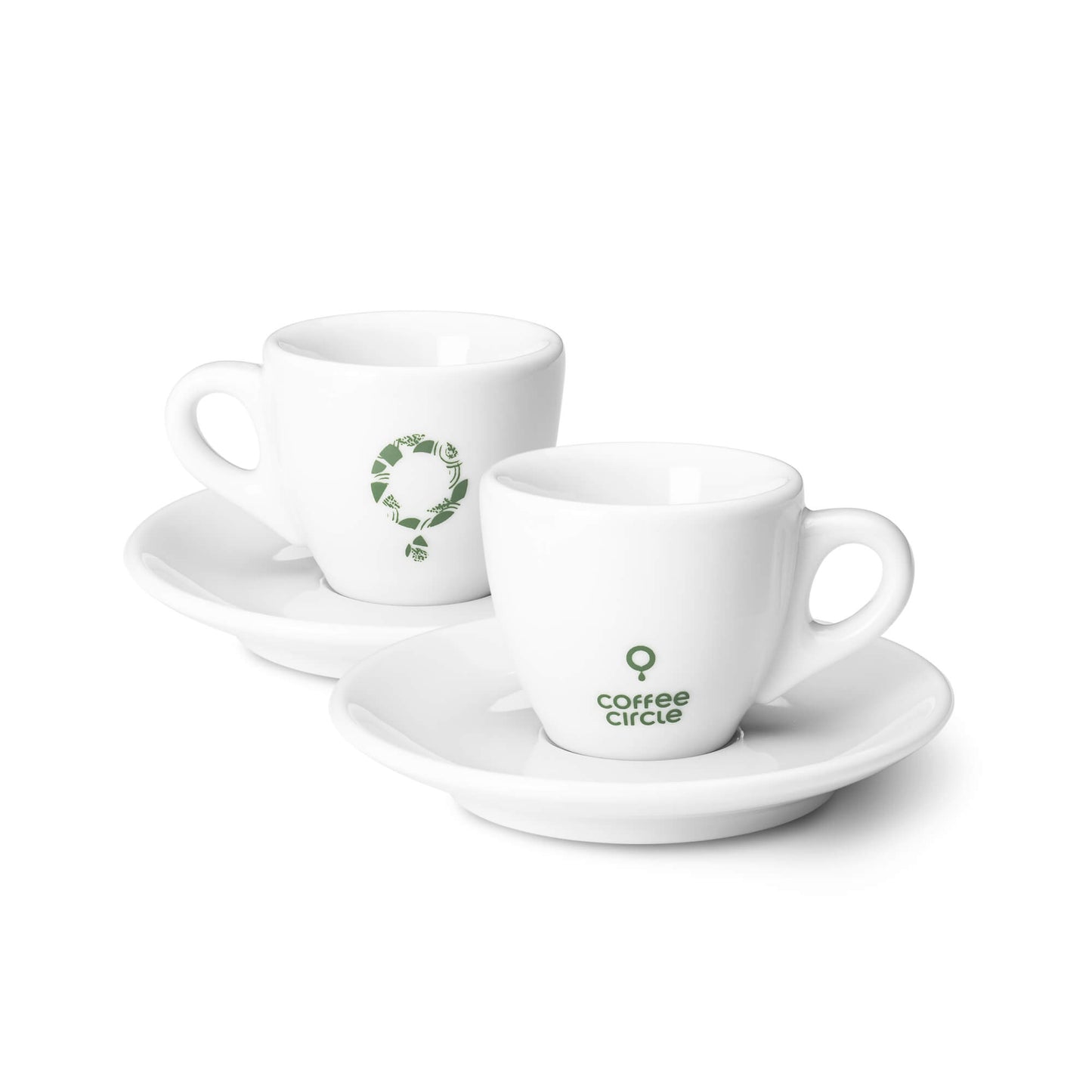 2er Coffee Circle Espresso Tasse im Set aus dickwandigem Porzellan mit Logo und Untertasse, 65 ml Fassungsvolumen.
