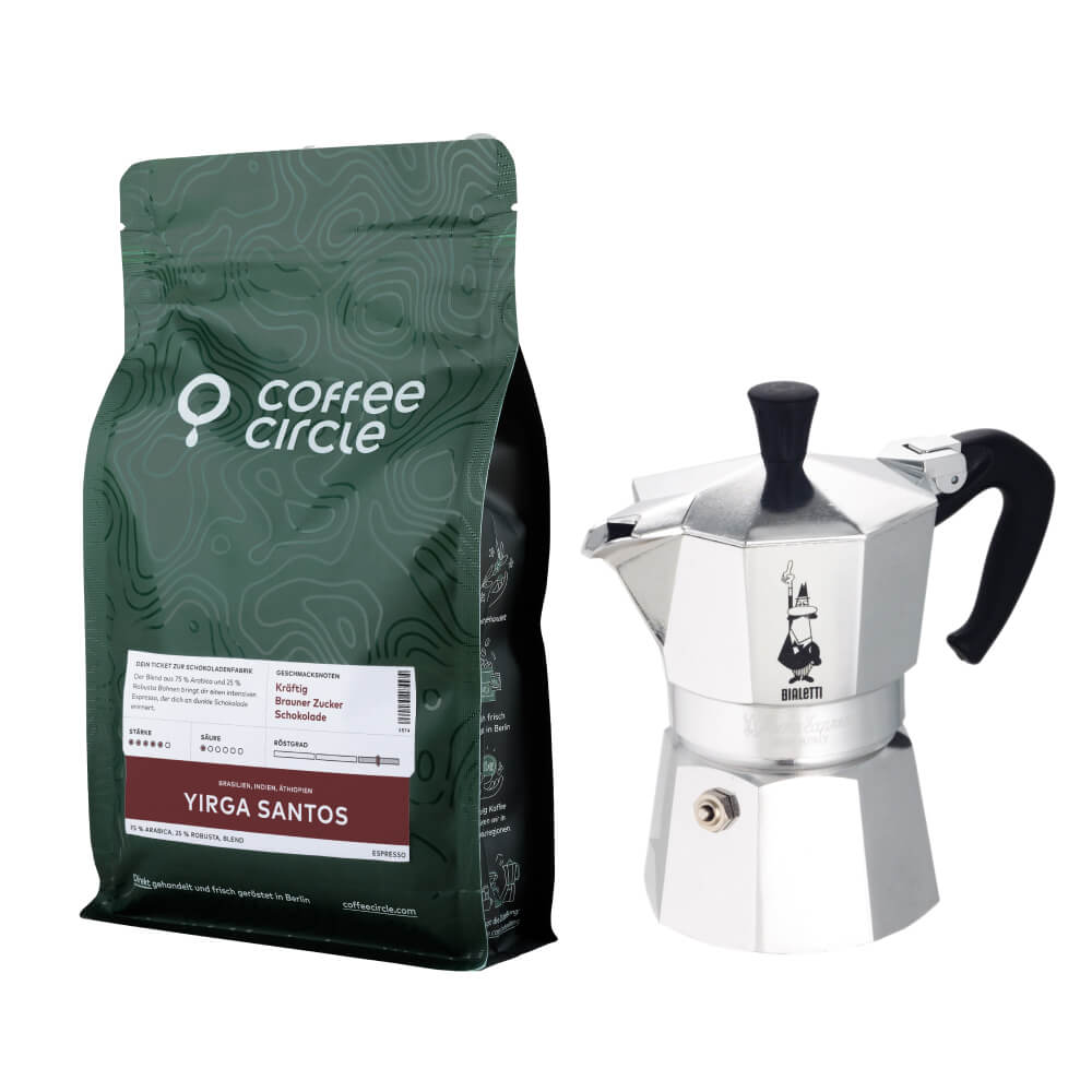 Bialetti Moka & Espresso im Set mit Bialetti Moka Express und 250g Espresso ganze Bohne oder gemahlen