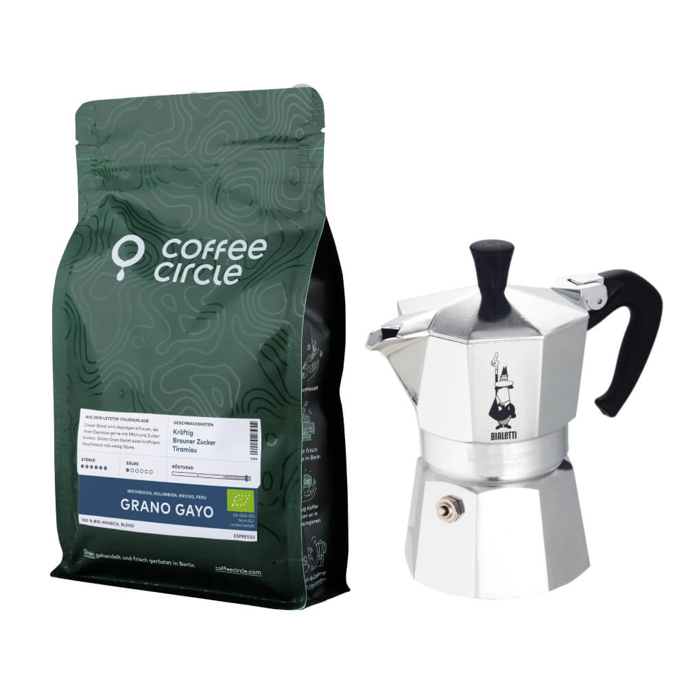 Bialetti Moka & Espresso im Set mit Moka Express für 4 Tassen und 250 g Espresso ganze Bohne oder gemahlen