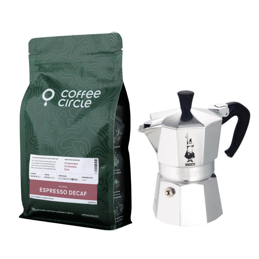 Bialetti Moka & Espresso im Set mit Bialetti Moka Express und Coffee Circle Espresso Decaf Packung
