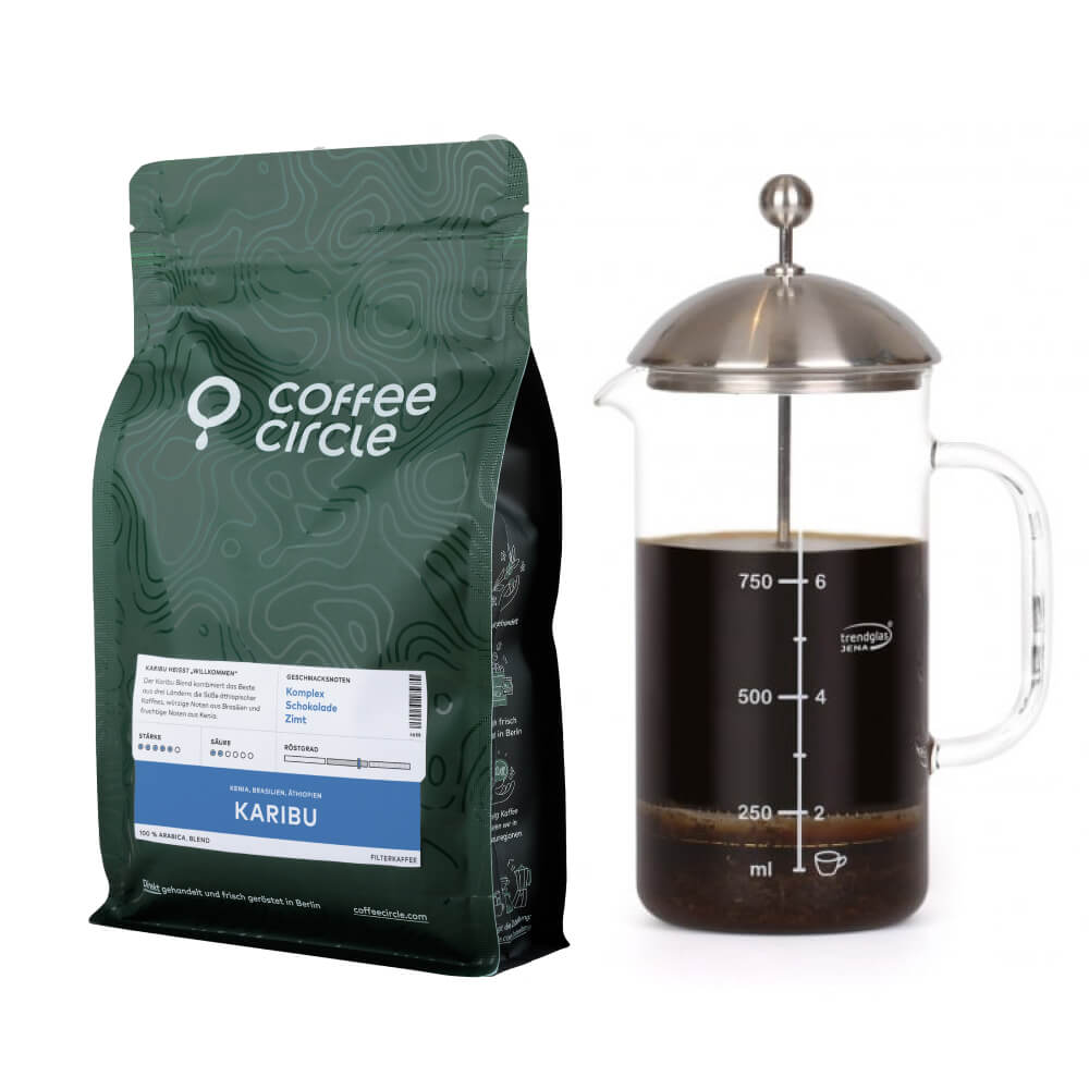 French Press & Kaffee im Set mit Trendglas Jena French Press und 250g ganzen Kaffeebohnen
