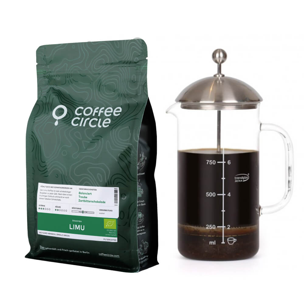 French Press & Kaffee im Set mit Trendglas Jena French Press und 250g Kaffee in Bohnen oder gemahlen.