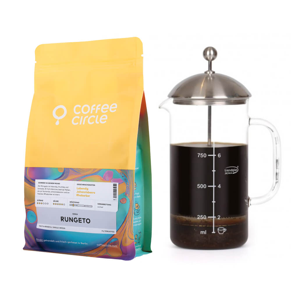 French Press & Kaffee im Set mit Trendglas Jena French Press und 250g Kaffee im Beutel