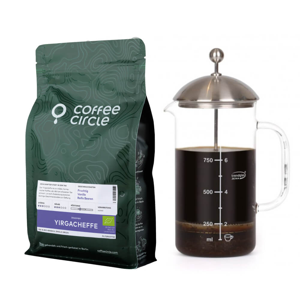 French Press & Kaffee im Set mit Trendglas Jena French Press und 250g Yirgacheffe Kaffee im Beutel