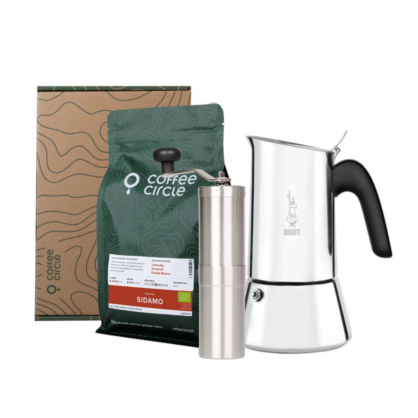 Bialetti Venus & Porlex mit Kaffee im Geschenkset - Espressokocher, handliche Kaffeemühle und Kaffee.