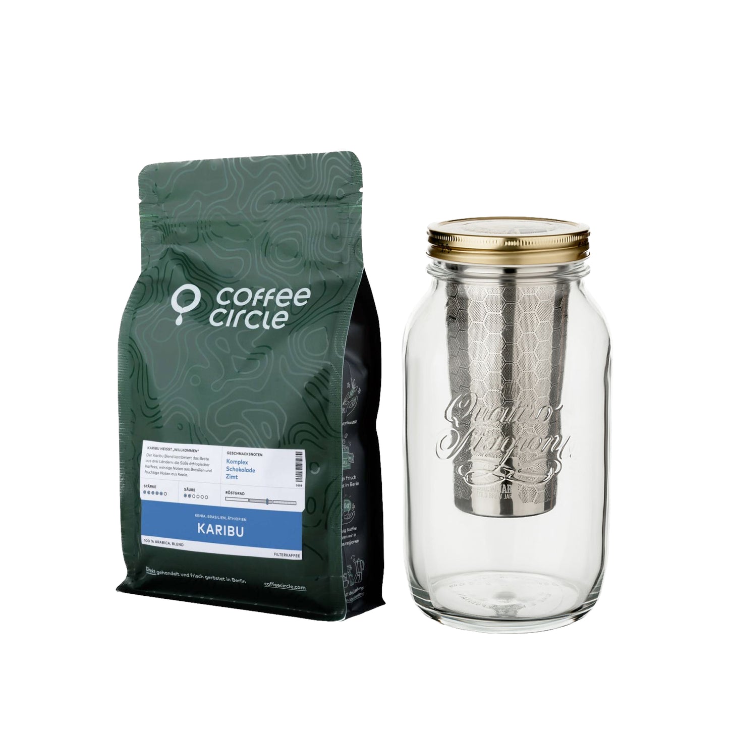 Brewjar & Cold Brew Kaffee Set mit Brewjar Glas und 1 kg frisch geröstetem Karibu Kaffee von Coffee Circle.