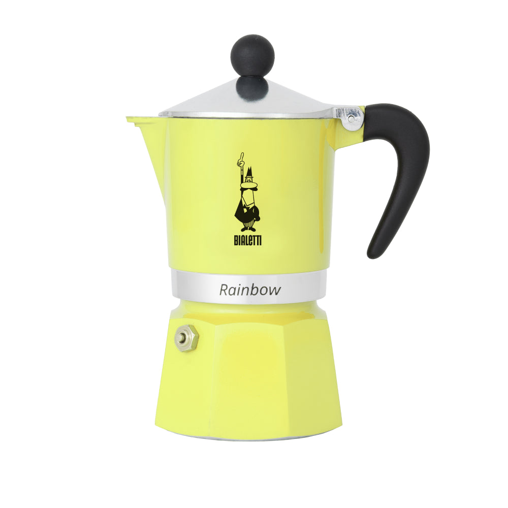 Bialetti Primavera Rainbow Espressokocher gelber Espressokocher mit Alu-Gehäuse und schwarzem Griff