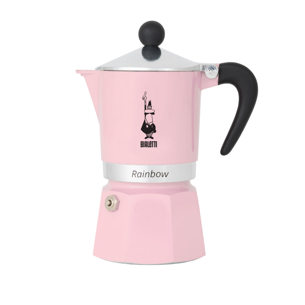 Bialetti Primavera Rainbow Espressokocher in Rosa mit Aluminiumgehäuse und patentiertem Sicherheitsventil.