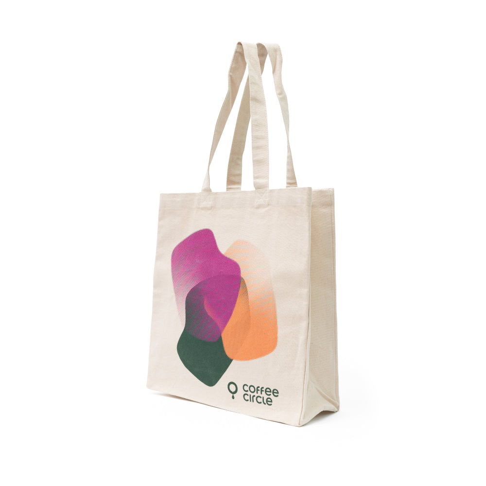Coffee Circle Tote Bag aus 100 % Fairtrade Baumwolle mit farbigem Design, robust und langlebig für Alltag.