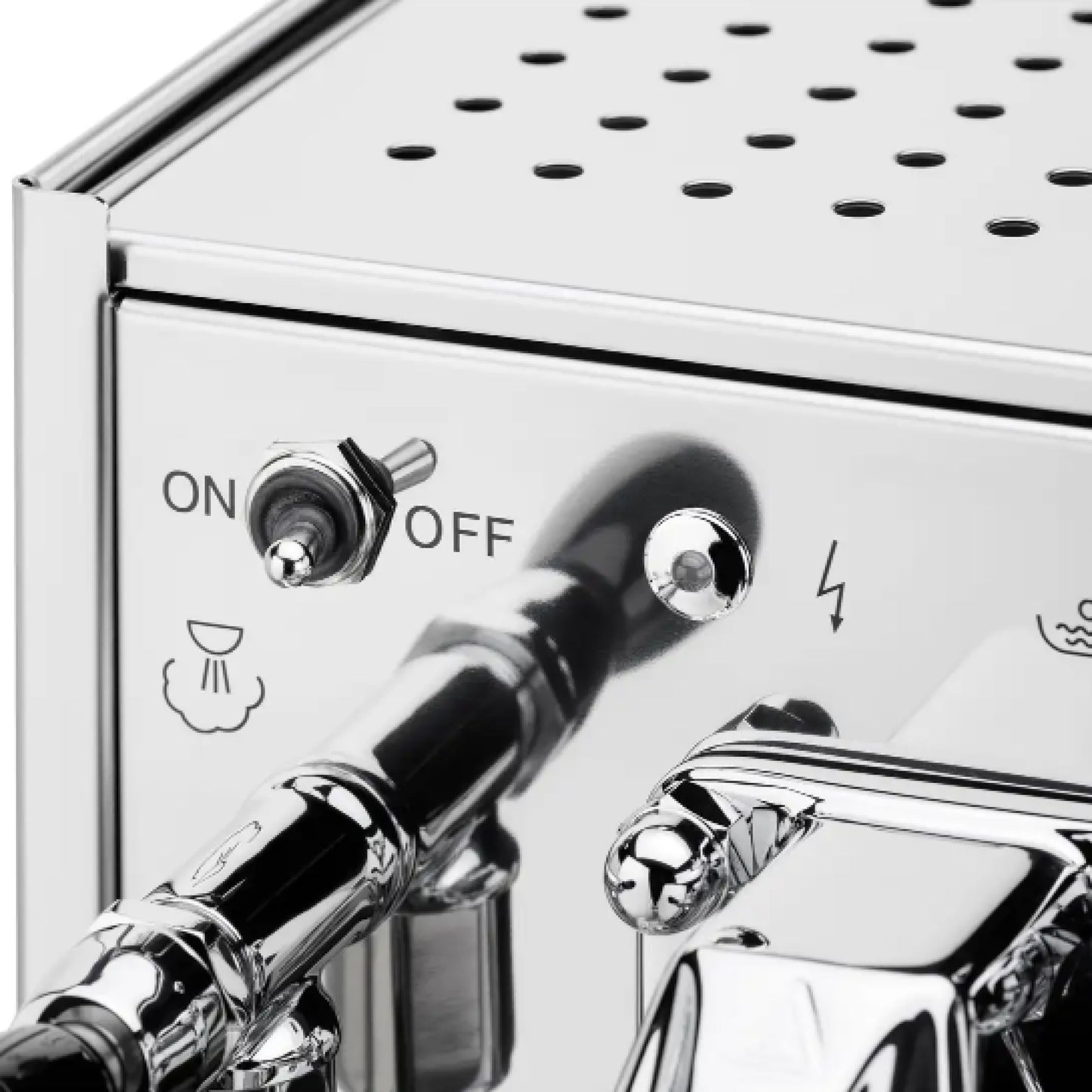 Detailaufnahme der Bedienelemente der Bezzera BZ10 S PM Espressomaschine aus Edelstahl