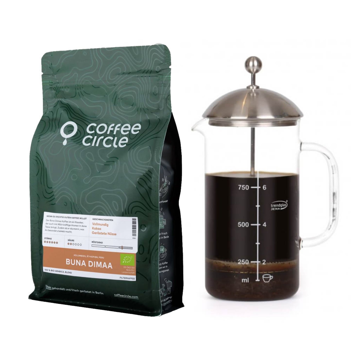French Press & Kaffee im Set mit Trendglas Jena French Press und 250g Kaffee als ganze Bohne oder gemahlen.