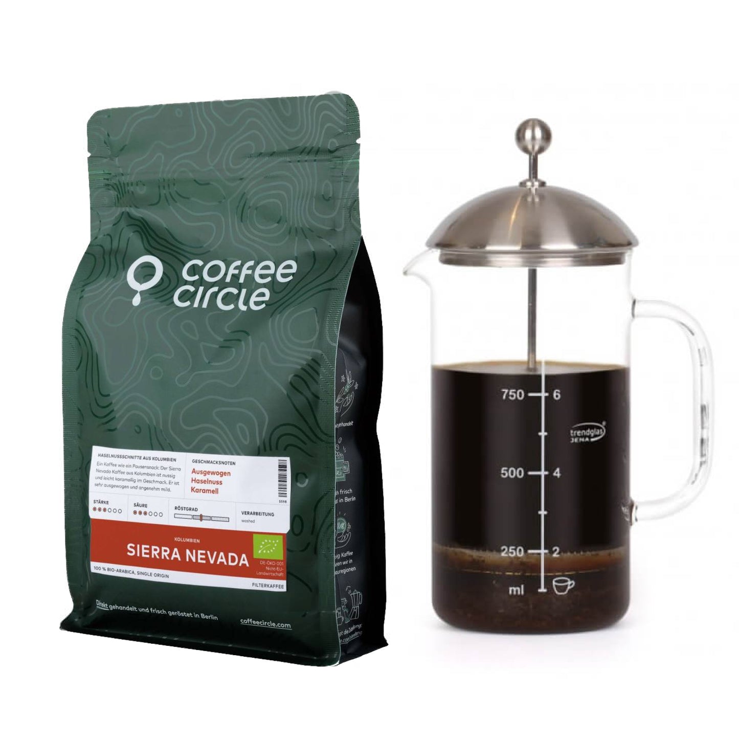 French Press & Kaffee im Set mit Trendglas Jena French Press und 250g Sierra Nevada Kaffeebohnen.