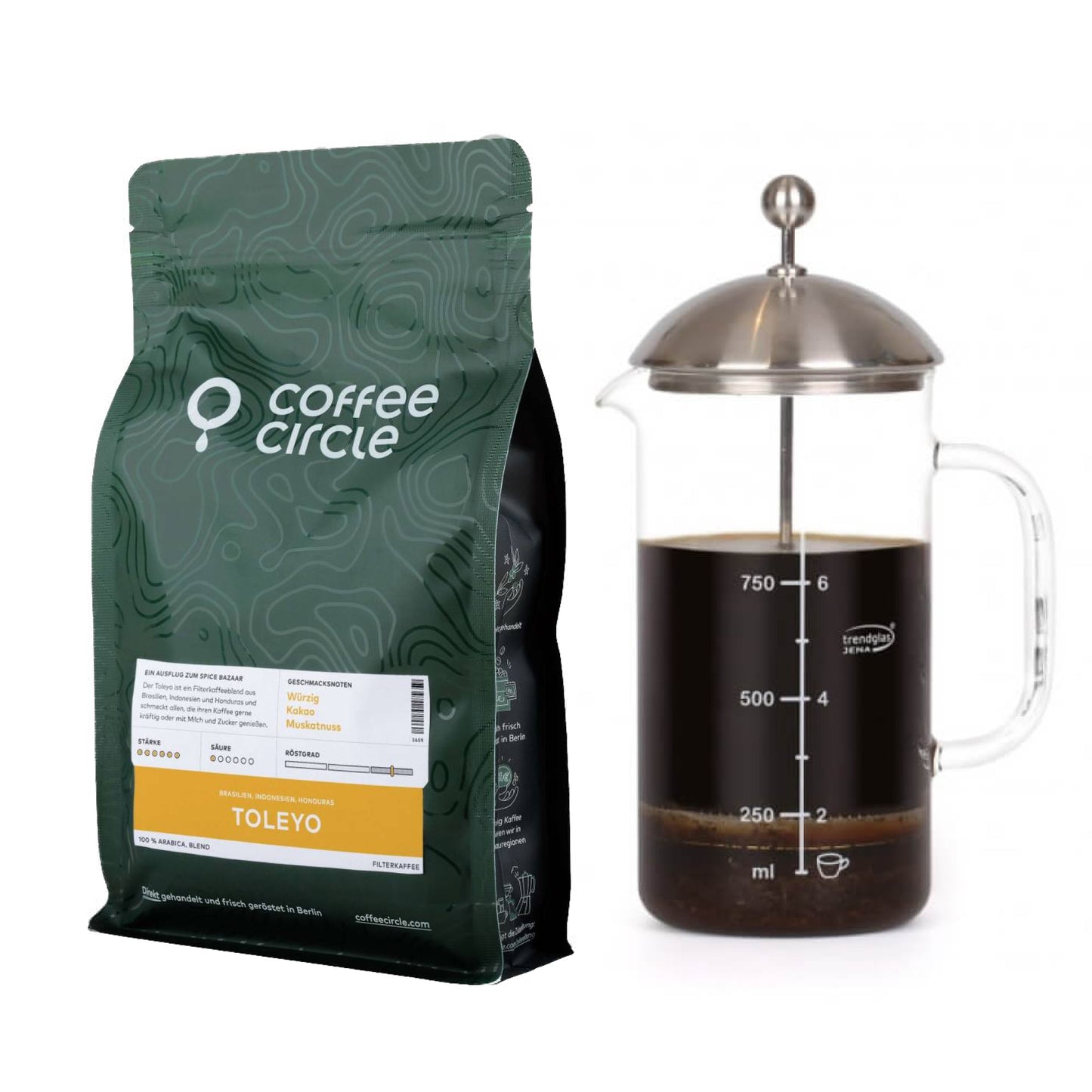 French Press & Kaffee im Set mit Trendglas Jena French Press und 250g Kaffee ganze Bohne oder gemahlen.