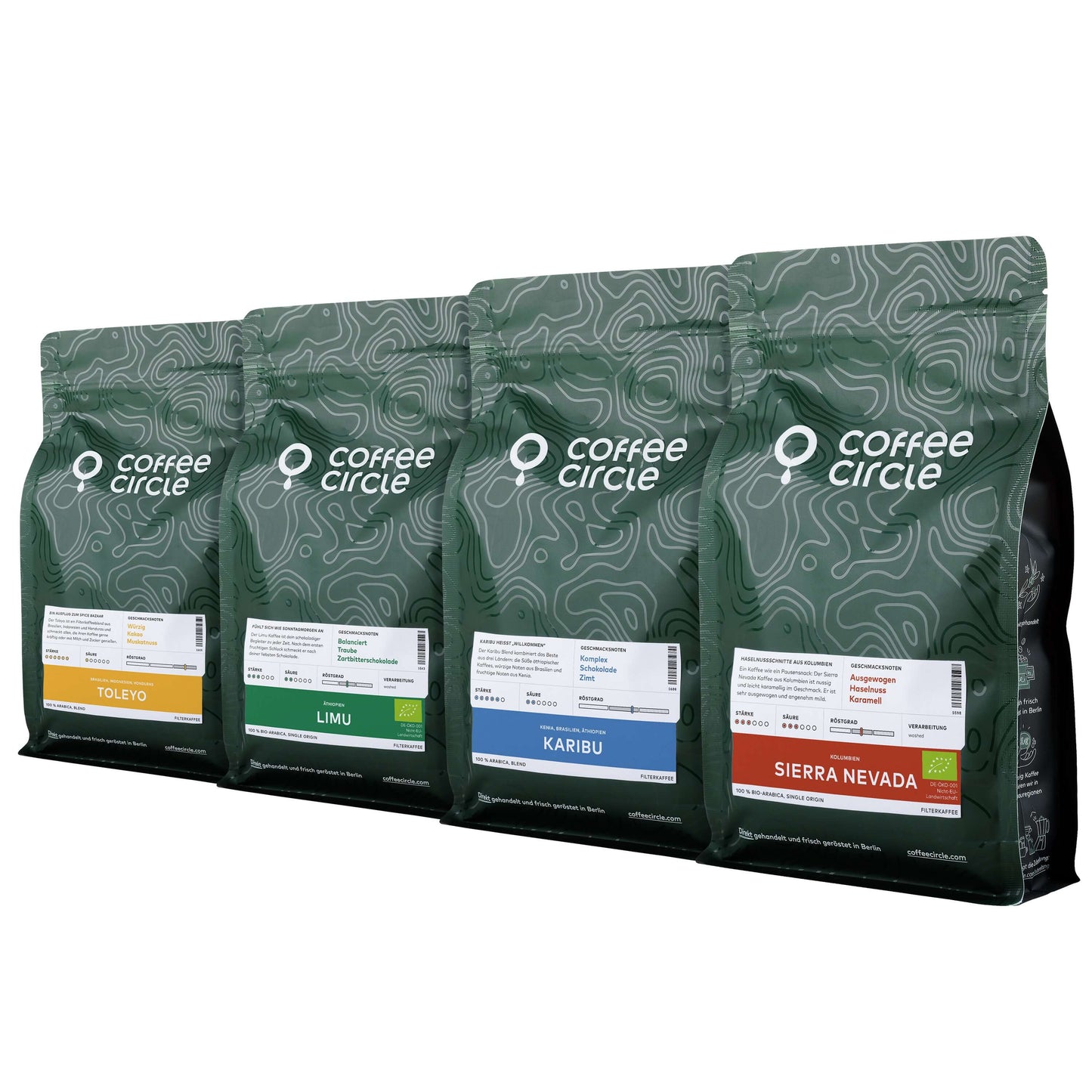 Kaffees für die French Press mit vier Sorten Sierra Nevada, Limu, Toleyo und Karibu je 250 g.