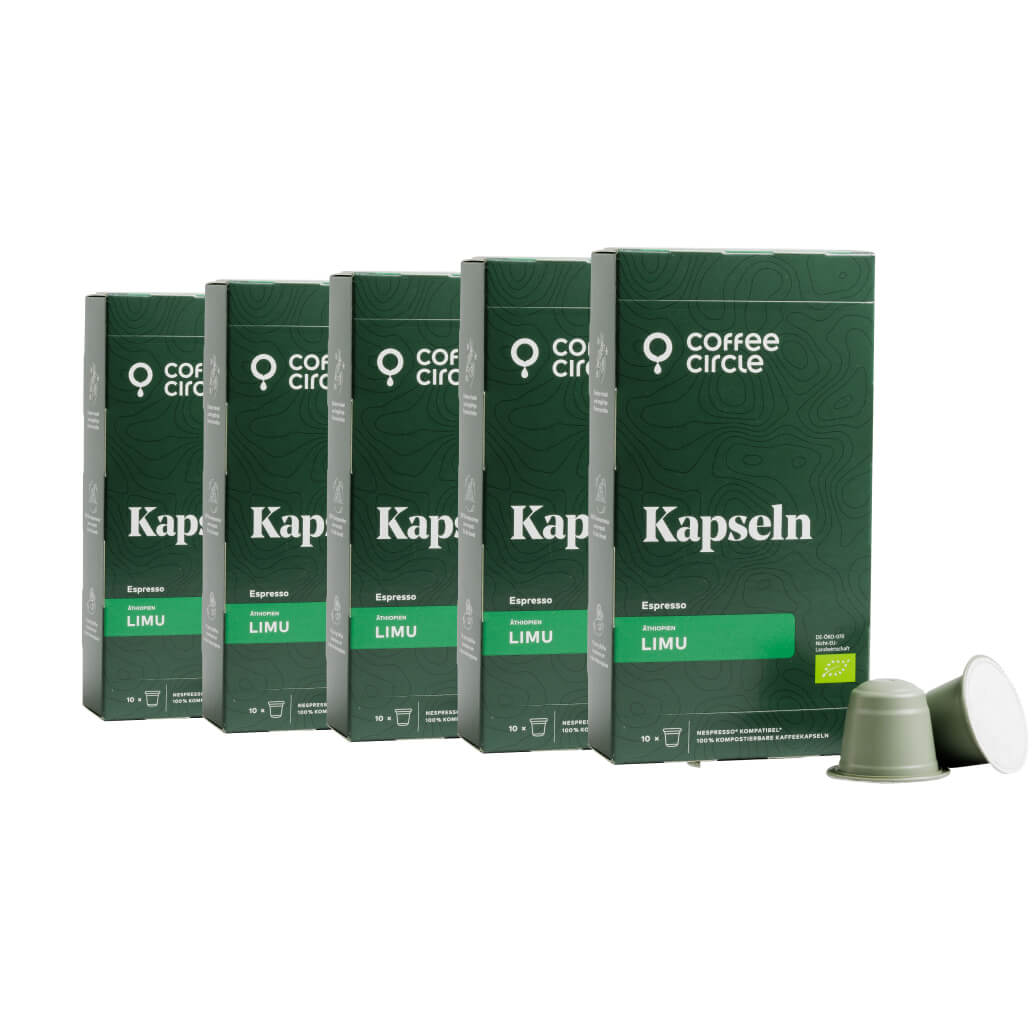 Multipack Kapseln Limu von Coffee Circle mit 50 Nespresso-kompatiblen Kapseln aus natürlichen Rohstoffen.