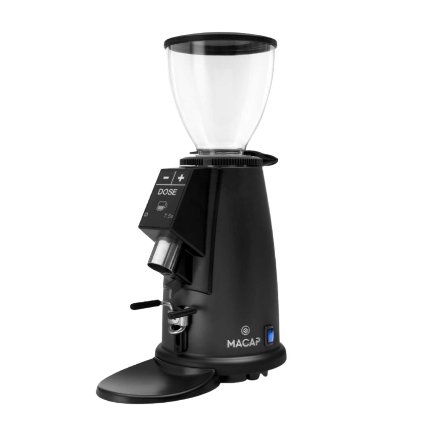 Macap M2E Espressomühle mit programmierbarem Timer und präzisem 50 mm Scheibenmahlwerk in Schwarz.