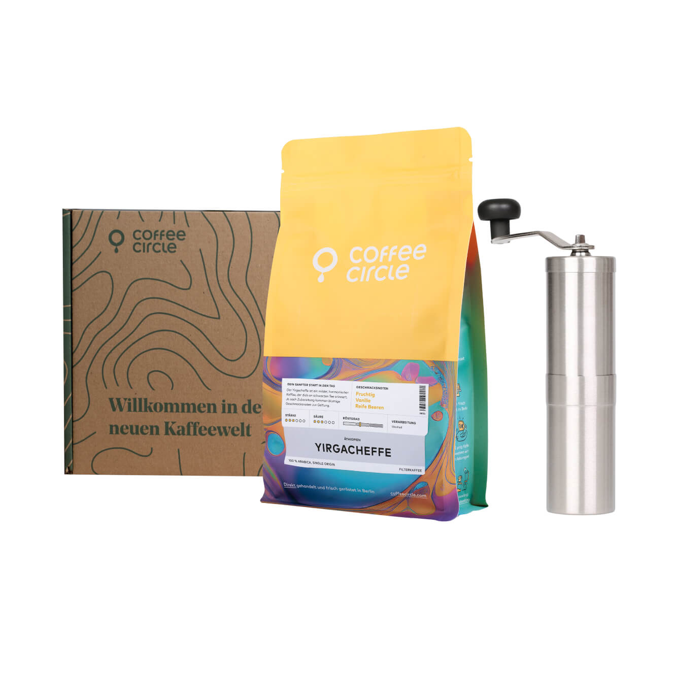Porlex & Kaffee im Geschenkset mit Edelstahl Handmühle und aromatischem Yirgacheffe Bohnenkaffee.
