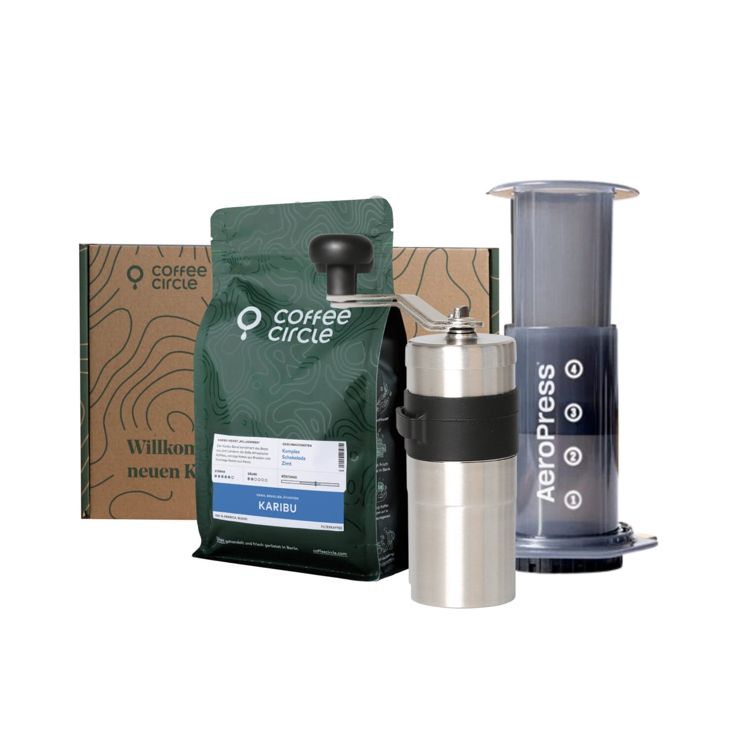 Aeropress & Porlex mit Kaffee im Geschenkset mit Handmühle, AeroPress und Kaffeebohnenpackung