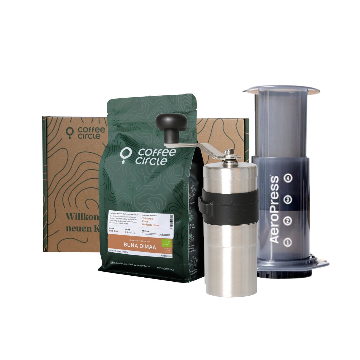 Aeropress & Porlex mit Kaffee im Geschenkset mit Porlex Handmühle, AeroPress und 250g Bohnen.