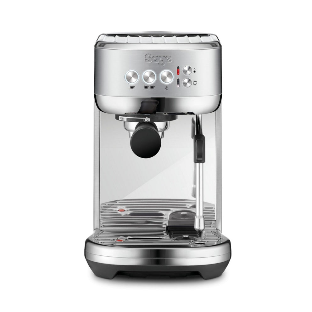 Sage Bambino Plus Espressomaschine in Edelstahl mit automatischem Milchaufschäumer und kompaktem Design.