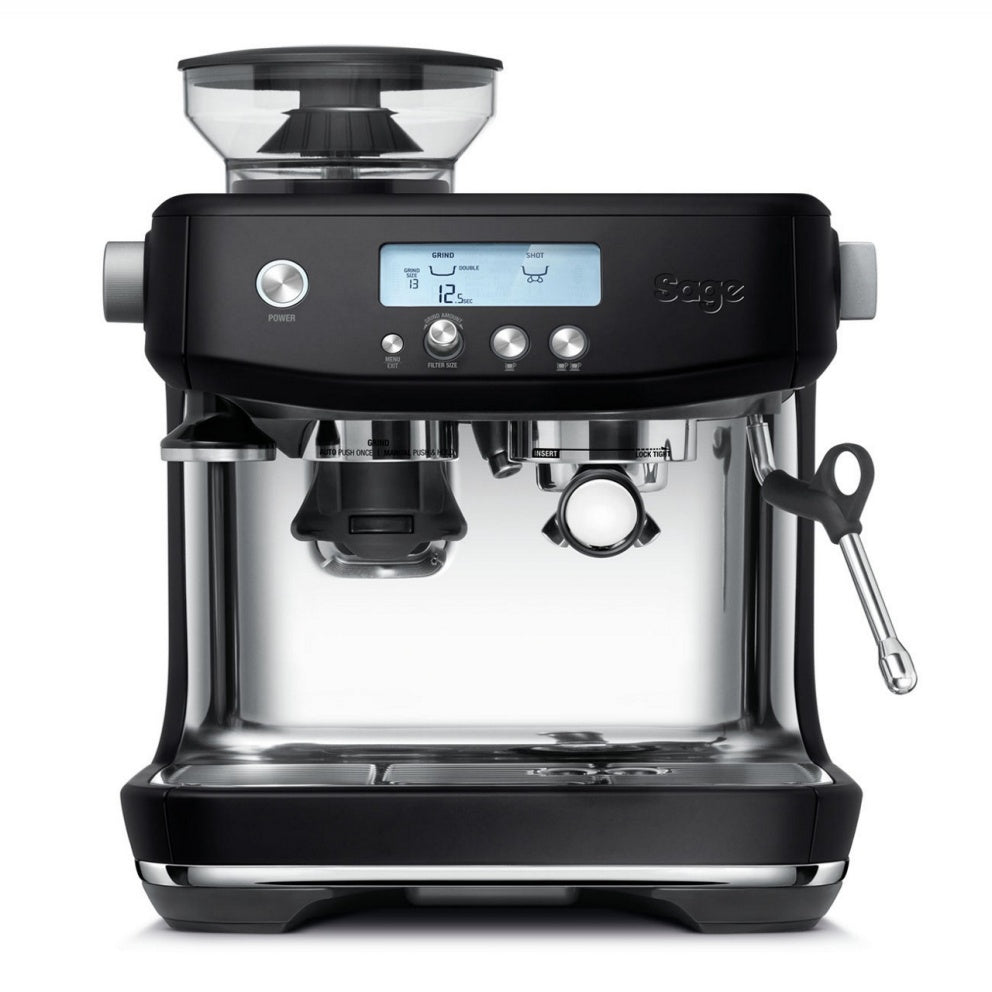 Sage Barista Pro Espressomaschine mit integriertem Kegelmahlwerk und digitalem Display in Schwarz.