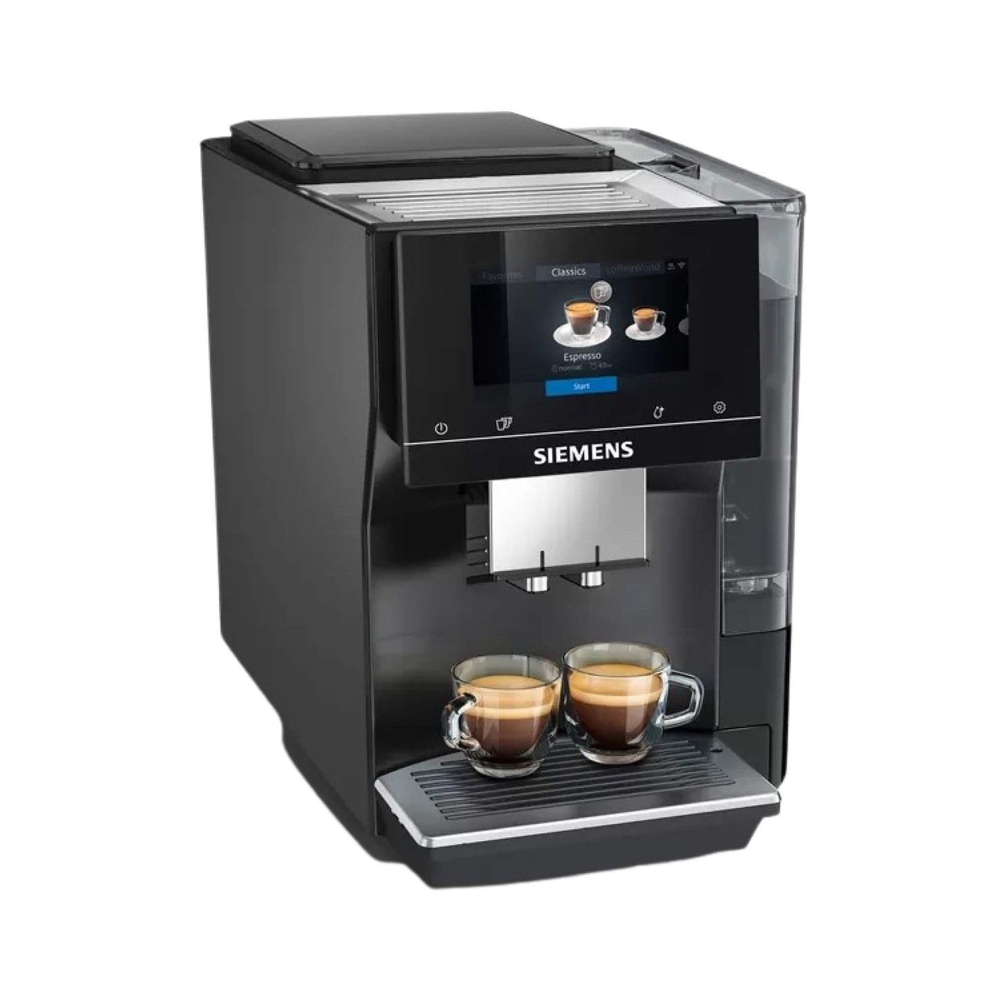 Siemens EQ. 700 Vollautomat mit großem Touch-Display bereitet zwei Tassen Espresso gleichzeitig zu.