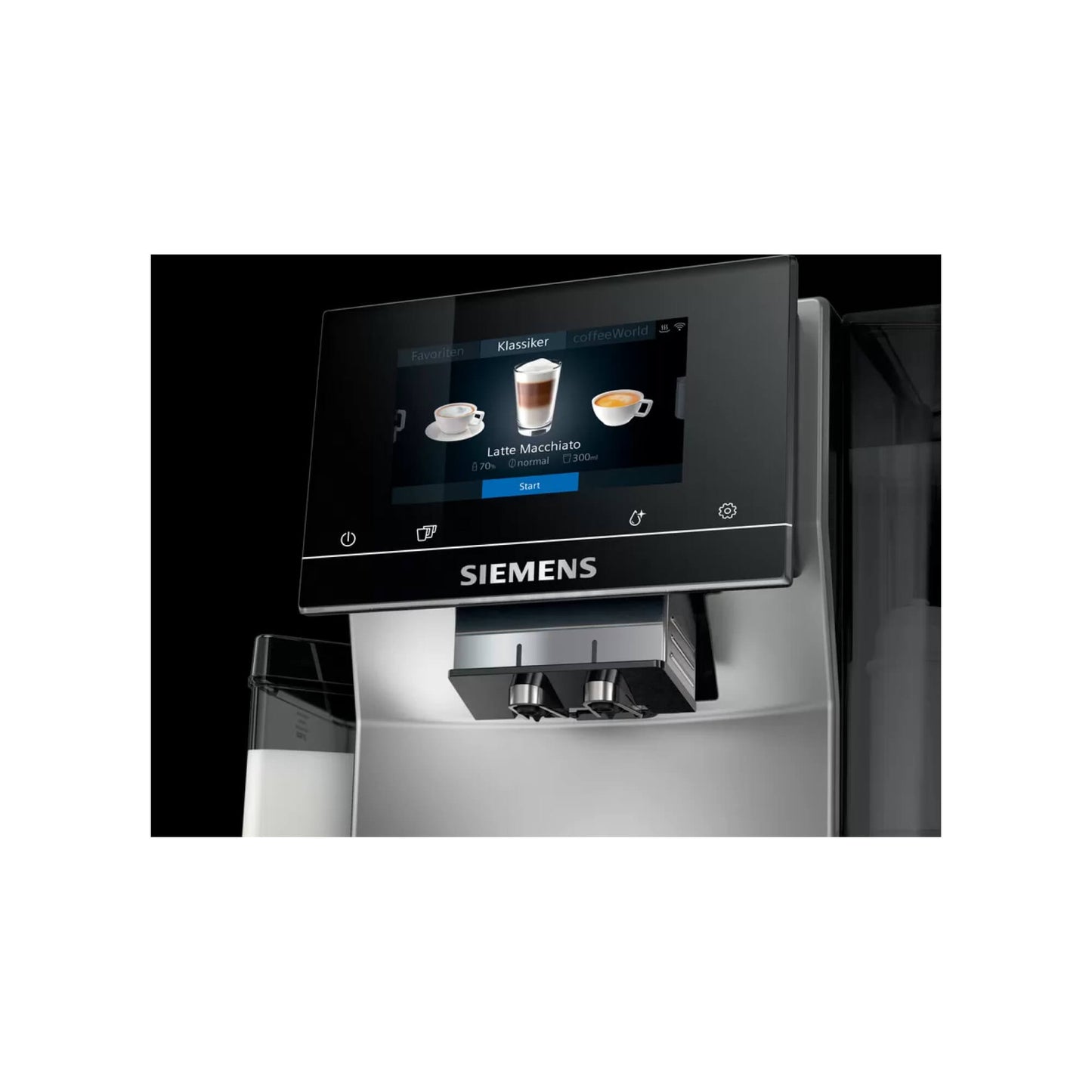 Siemens EQ. 700 Vollautomat mit großem Full-Touch-Display und vielseitigen Kaffee- und Milchgetränkeoptionen.