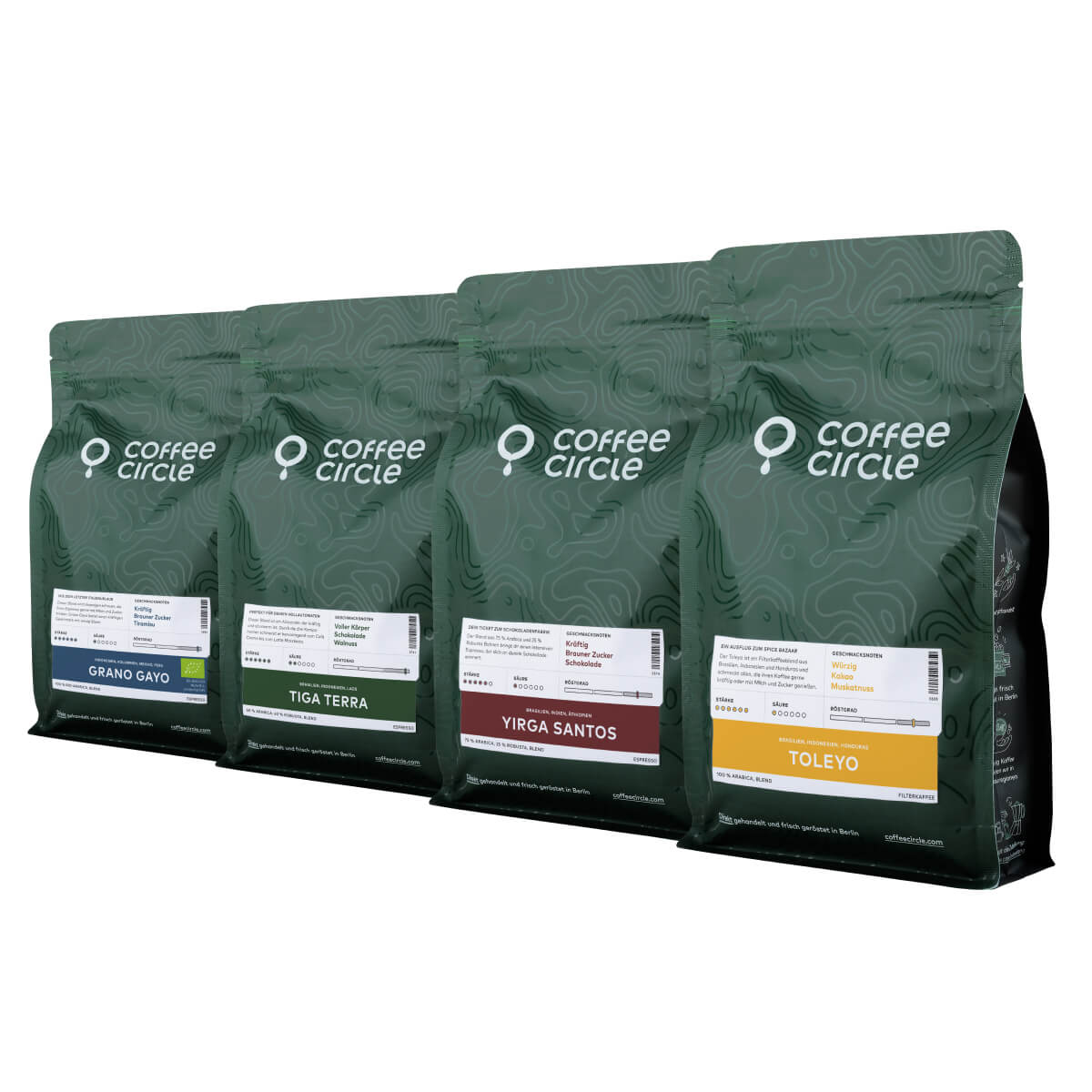 Vollautomaten Probierset mit vier Kaffeesorten in 250g Packungen für Vollautomaten von Coffee Circle.
