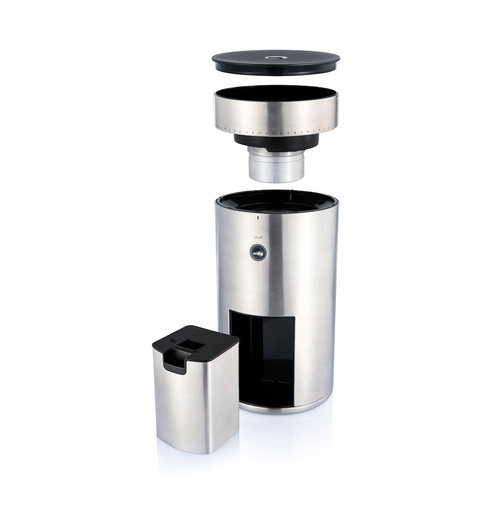Wilfa Uniform Kaffeemühle in Edelstahl mit abnehmbarem Deckel und separatem Bohnenbehälter, geöffnet.
