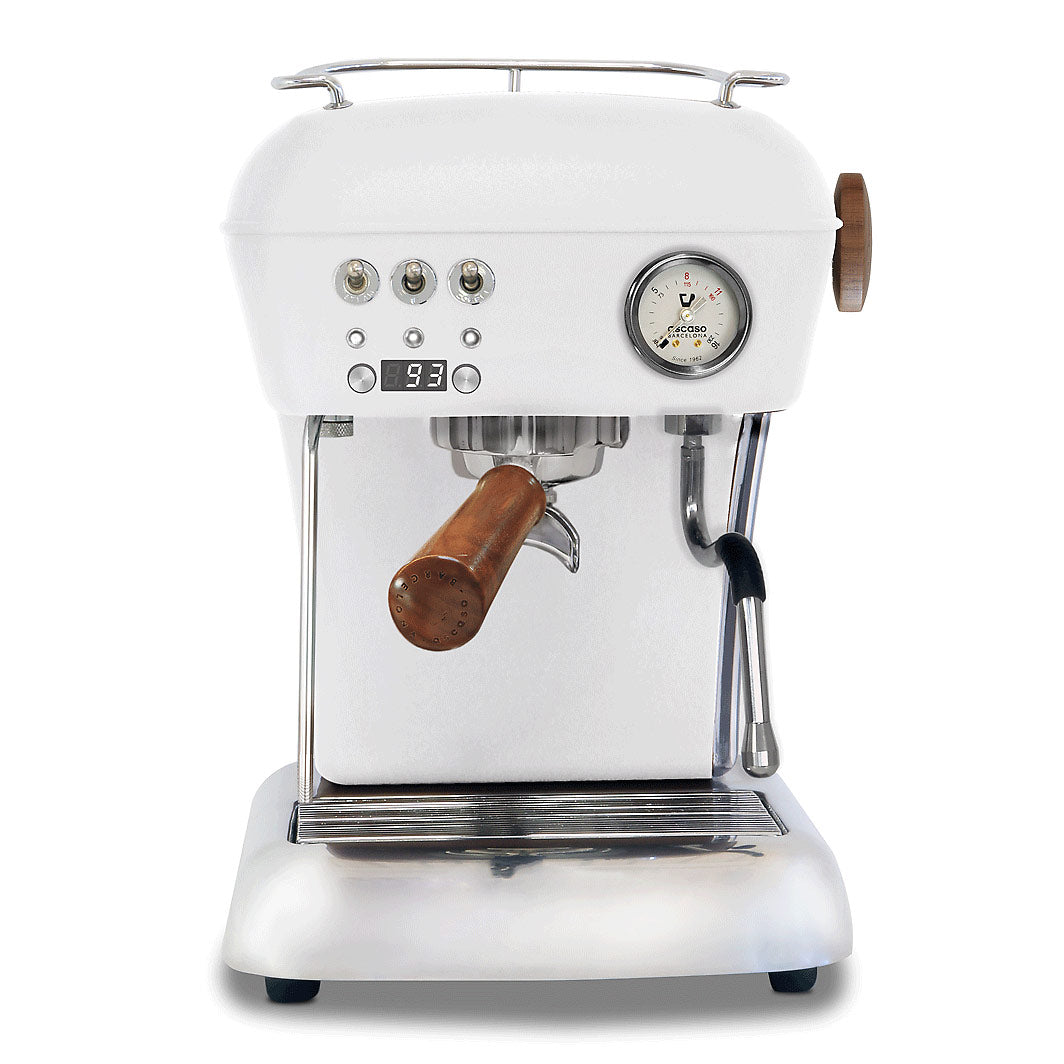 Ascaso Dream PID Espressomaschine in Weiß mit Messing-Siebträger und Präzisionsmanometer