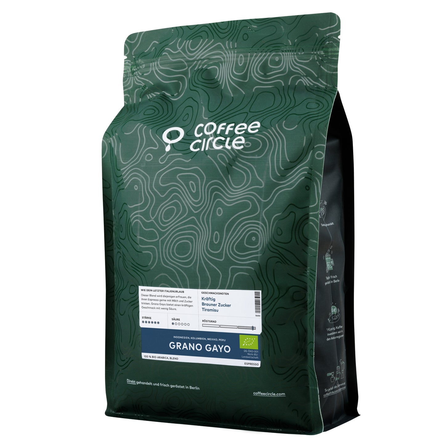 Espresso Grano Gayo, bio, dunkel geröstete italienische Mischung mit kräftigem Aroma und satter Crema.