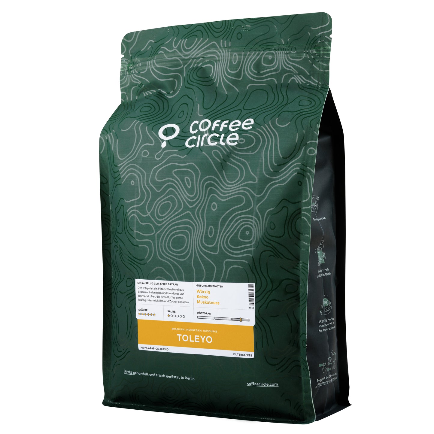 Toleyo Kaffee Filterkaffee Packung mit vollmundigem Blend aus Brasilien, Indonesien und Honduras.