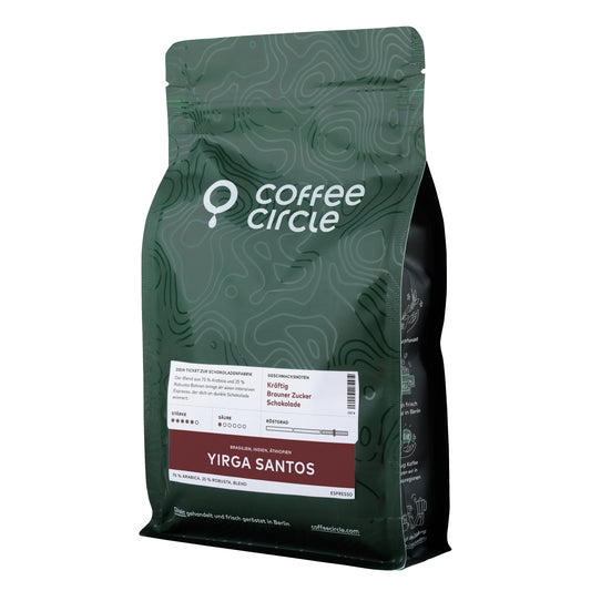 Espresso Yirga Santos Kaffeemischung mit 25% Robustaanteil und vollmundigem Geschmack in grüner Verpackung