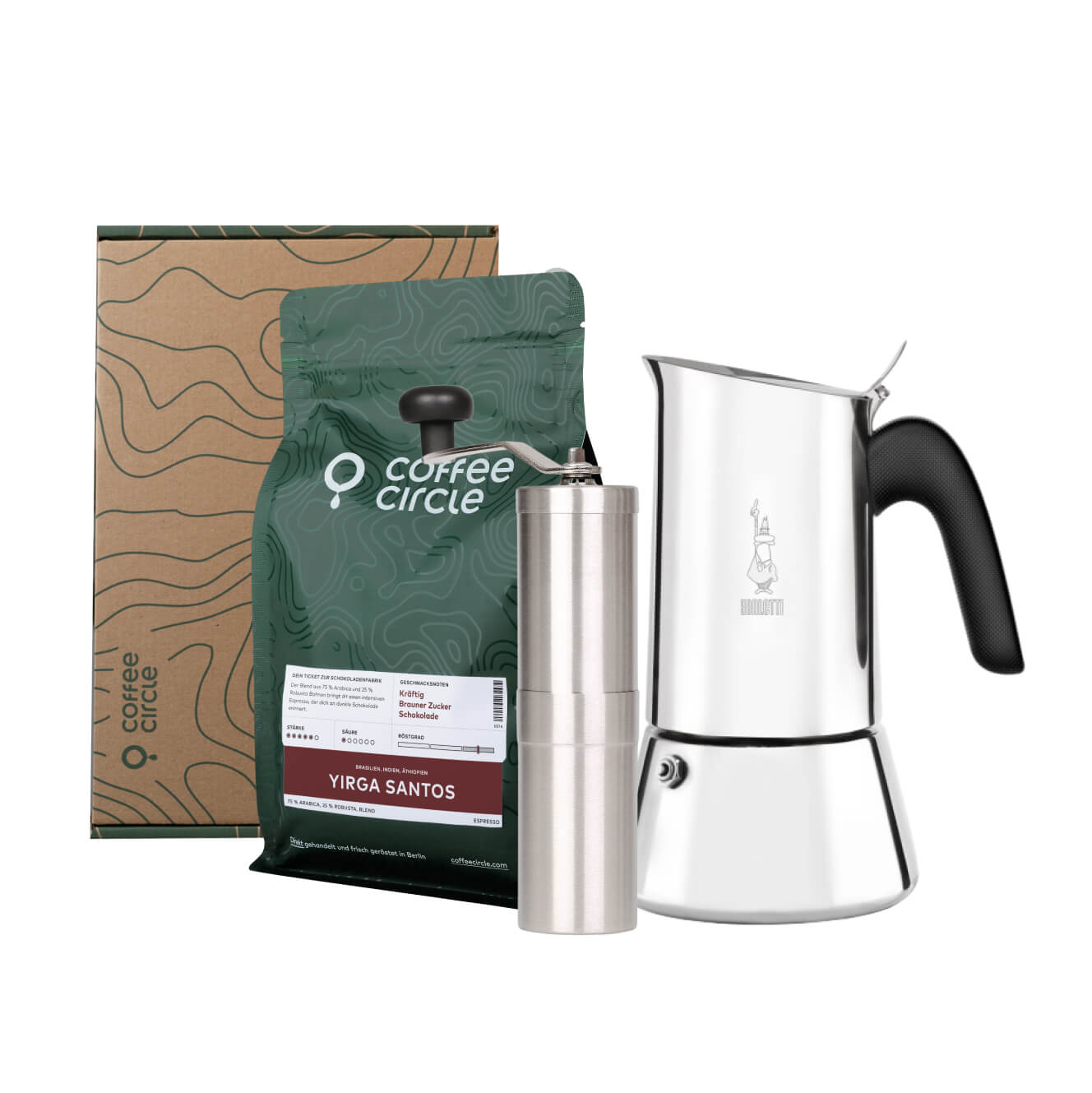 Bialetti Venus & Porlex mit Kaffee im Geschenkset: Espressokocher, Handmühle und ganze Bohnen.