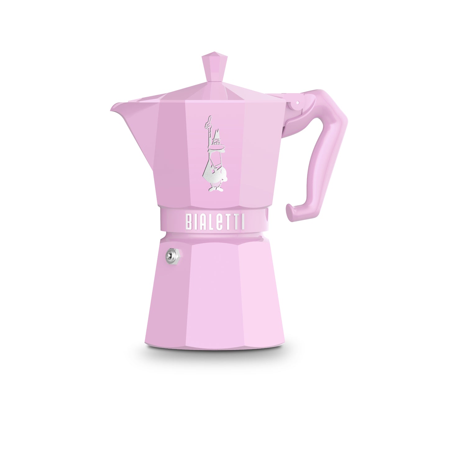 Bialetti Exclusive Moka Express Espressokocher in Rosa mit ergonomischem Griff und Alfonsomännchen.